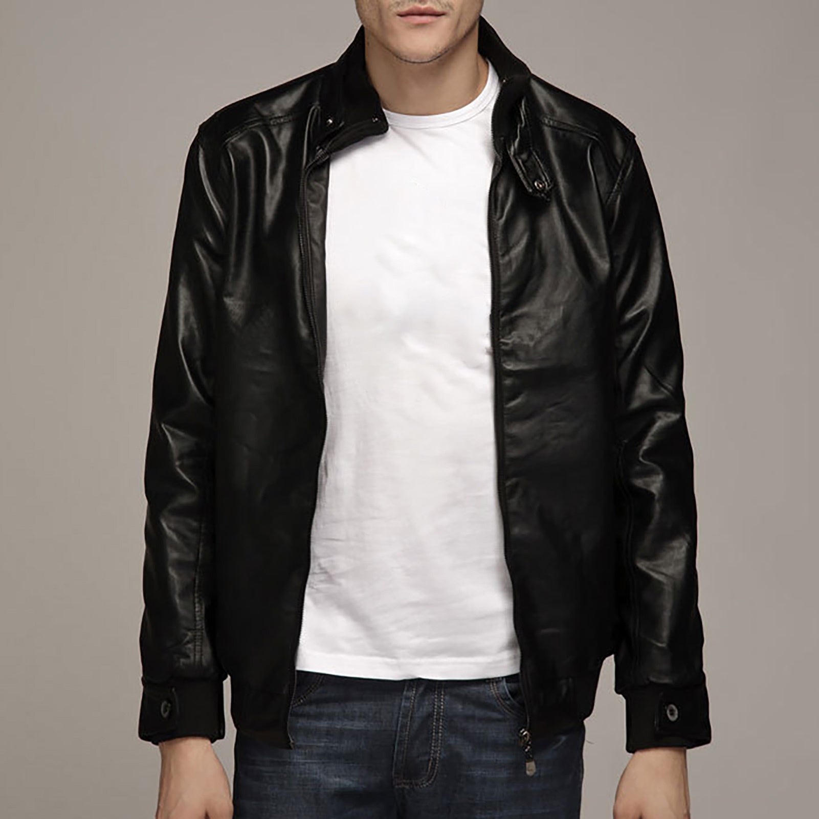 Artificial Leather Solid Color Motorcycle Jacket Zipper Closure Stand Collar Men's Coat