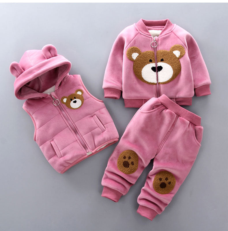 2024 New Children's Clothing Boys Girls Fleece Bear Three-piece Suit