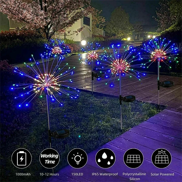 150 LED Solar Firework Lights String Outdoor Waterproof Path Lawn Garden Decor