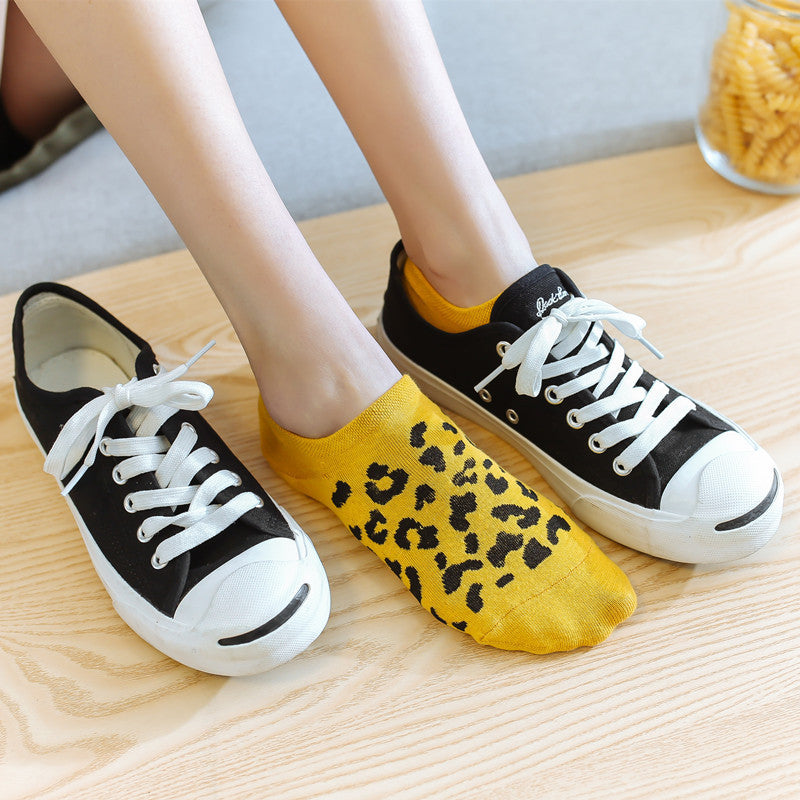 Leopard Print Invisible Women's Socks Cotton Breathable Silicone Non-Slip