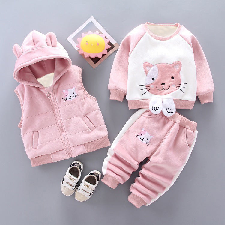 2024 New Children's Clothing Boys Girls Fleece Bear Three-piece Suit