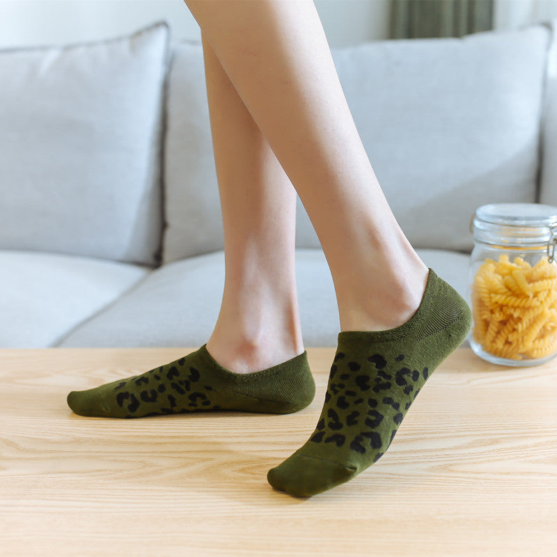 Leopard Print Invisible Women's Socks Cotton Breathable Silicone Non-Slip
