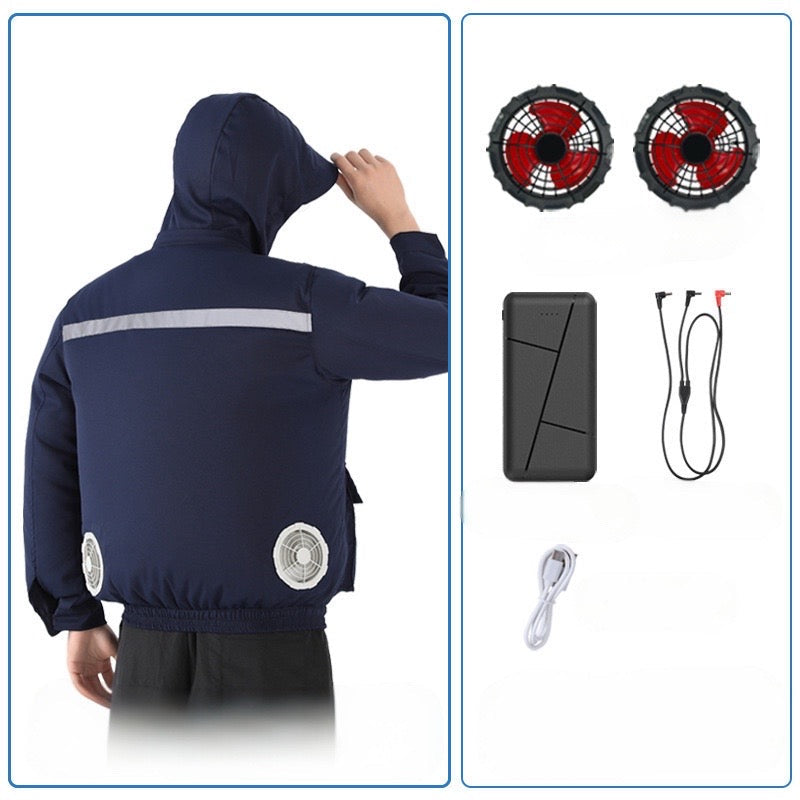 New hooded, removable, outdoor cooling and sun protection clothes with fan