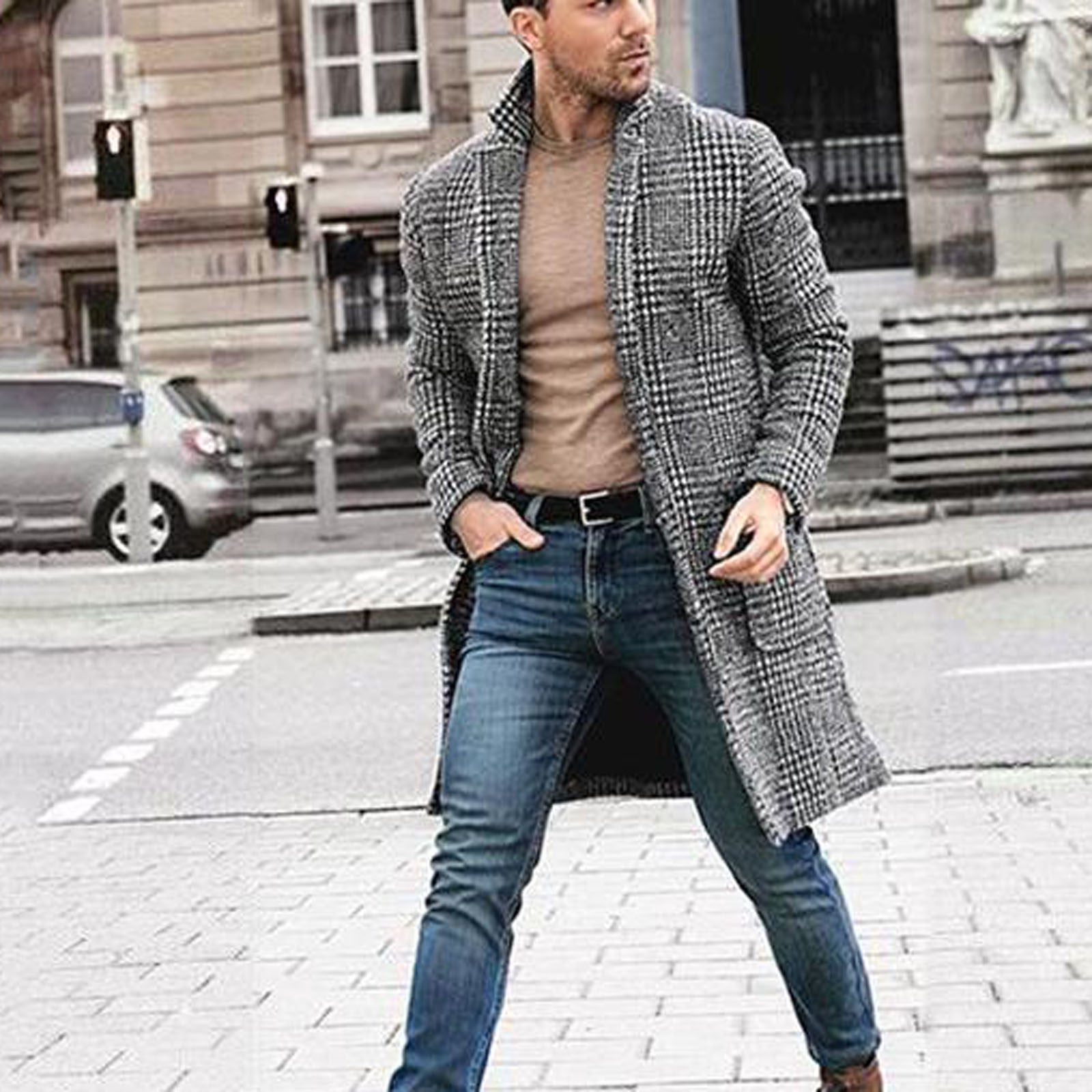 Autumn Winter Shirt Patterns Men Casual Turndown Double Breasted Windbreaker Mid-length Overcoat Coat