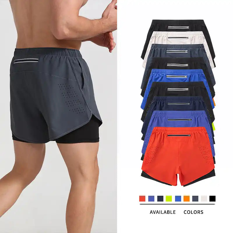 2-in-1 Double Layer Running Shorts - Quick-Dry, Elastic Waist, Multi-Pocket