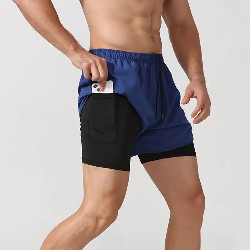 2-in-1 Double Layer Running Shorts - Quick-Dry, Elastic Waist, Multi-Pocket