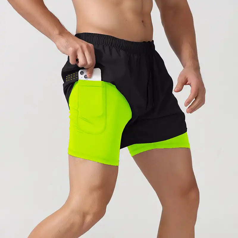 2-in-1 Double Layer Running Shorts - Quick-Dry, Elastic Waist, Multi-Pocket