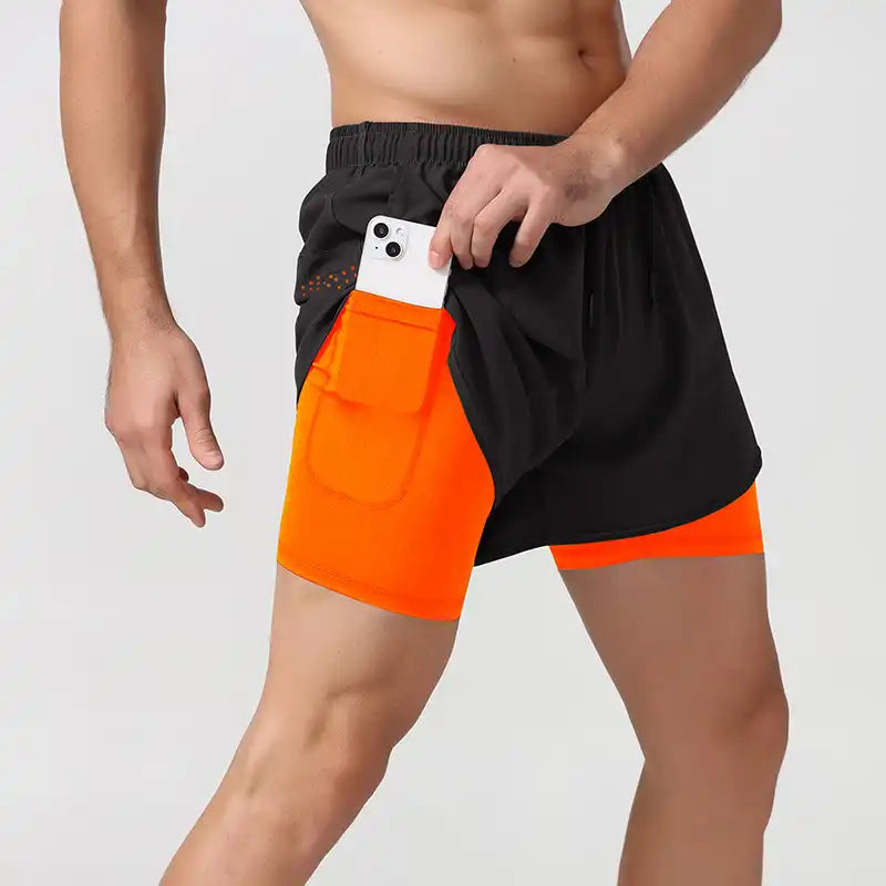 2-in-1 Double Layer Running Shorts - Quick-Dry, Elastic Waist, Multi-Pocket