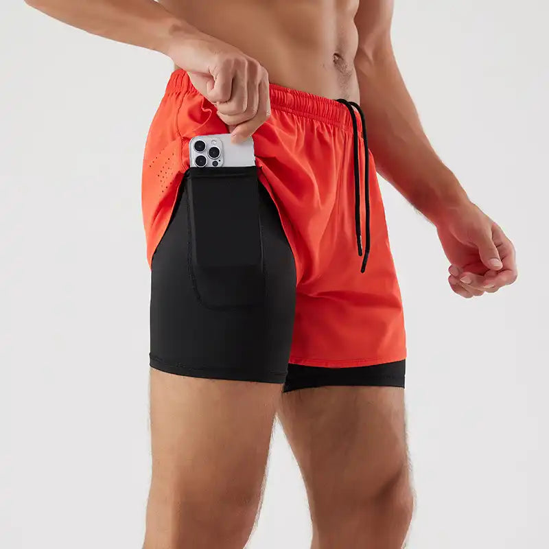 2-in-1 Double Layer Running Shorts - Quick-Dry, Elastic Waist, Multi-Pocket