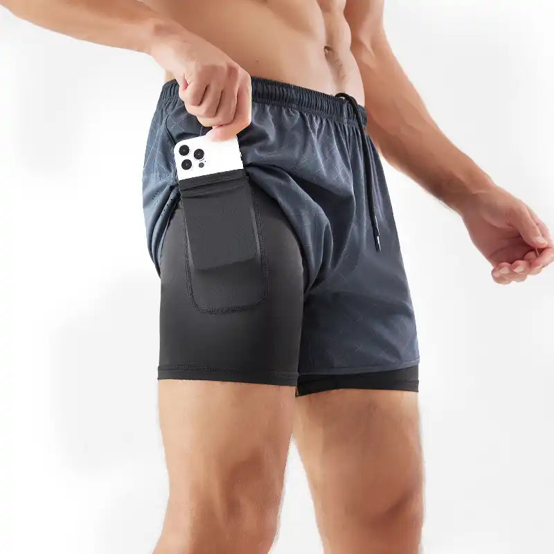 2-in-1 Double Layer Running Shorts - Quick-Dry, Elastic Waist, Multi-Pocket