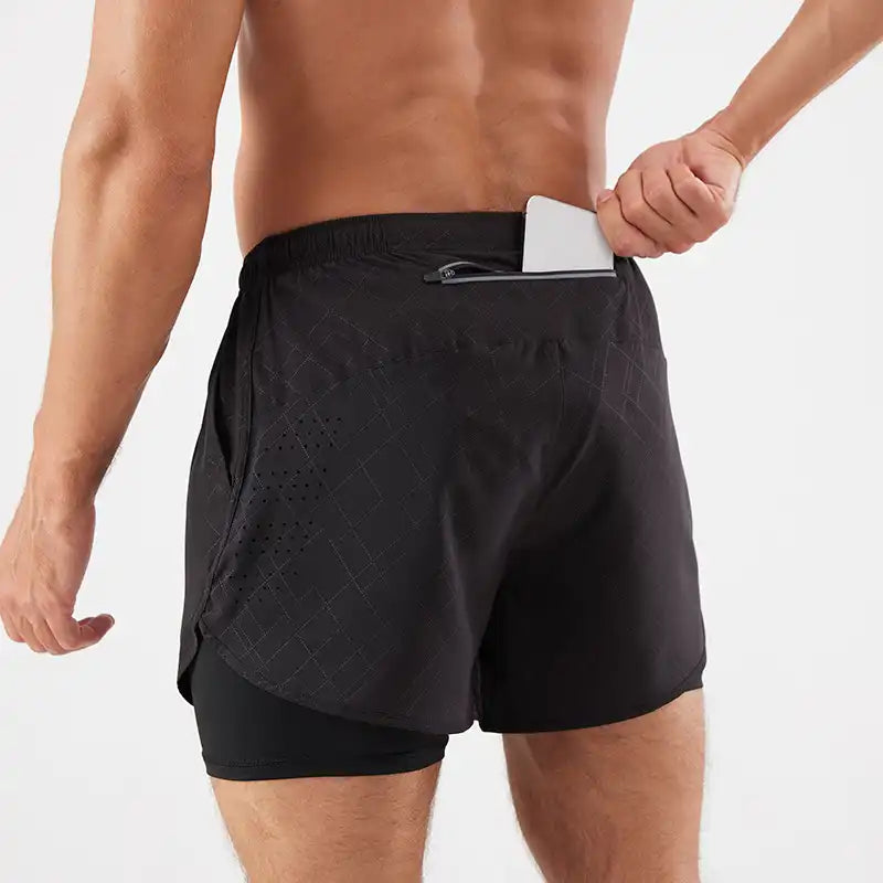2-in-1 Double Layer Running Shorts - Quick-Dry, Elastic Waist, Multi-Pocket
