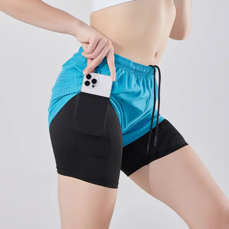 2-in-1 Double Layer Running Shorts - Quick-Dry, Elastic Waist, Multi-Pocket