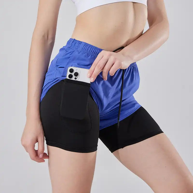 2-in-1 Double Layer Running Shorts - Quick-Dry, Elastic Waist, Multi-Pocket