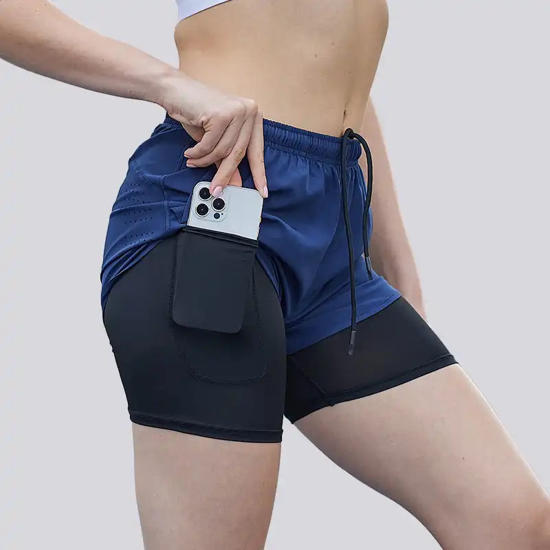 2-in-1 Double Layer Running Shorts - Quick-Dry, Elastic Waist, Multi-Pocket
