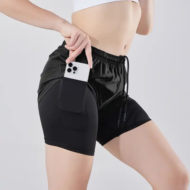 2-in-1 Double Layer Running Shorts - Quick-Dry, Elastic Waist, Multi-Pocket
