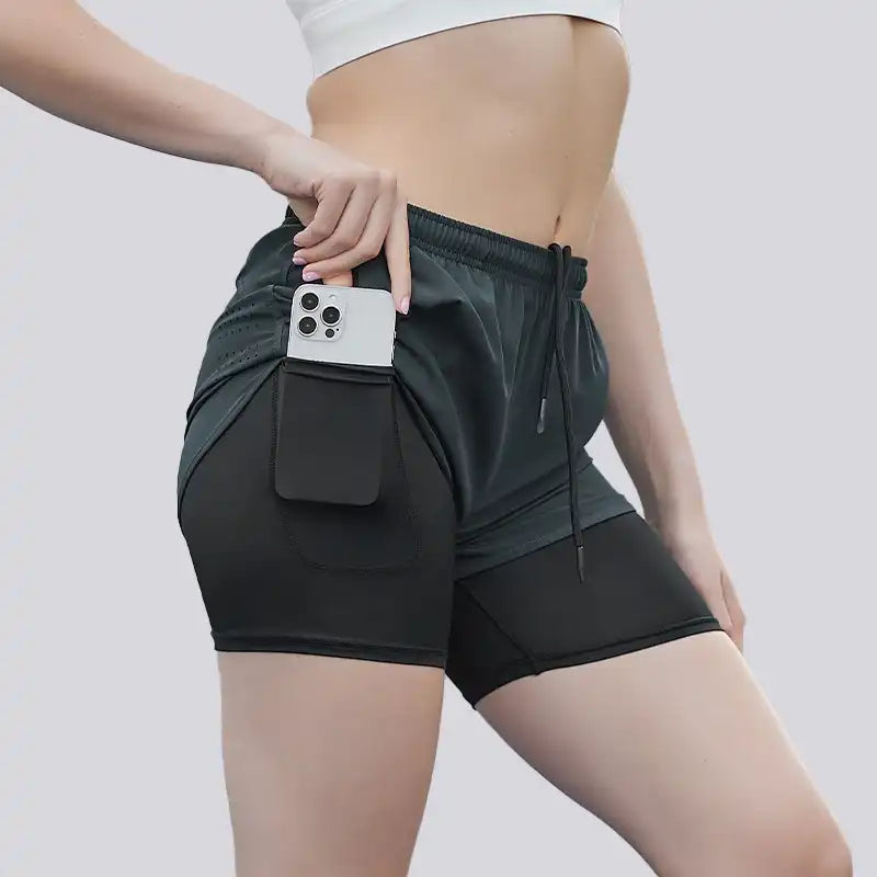 2-in-1 Double Layer Running Shorts - Quick-Dry, Elastic Waist, Multi-Pocket