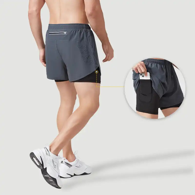 2-in-1 Double Layer Running Shorts - Quick-Dry, Elastic Waist, Multi-Pocket