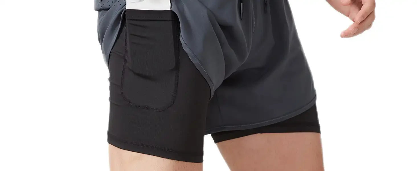 2-in-1 Double Layer Running Shorts - Quick-Dry, Elastic Waist, Multi-Pocket