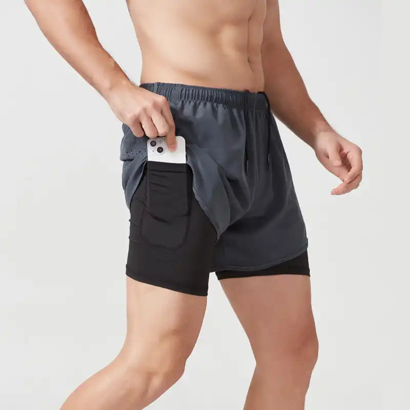 2-in-1 Double Layer Running Shorts - Quick-Dry, Elastic Waist, Multi-Pocket