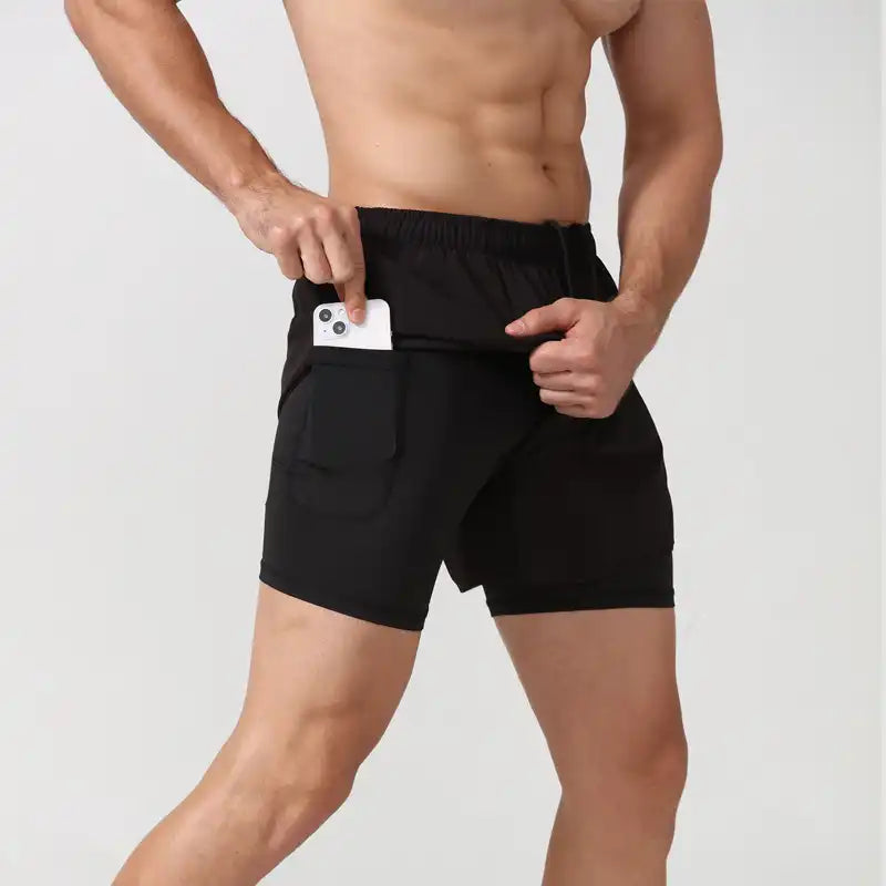 2-in-1 Double Layer Running Shorts - Quick-Dry, Elastic Waist, Multi-Pocket