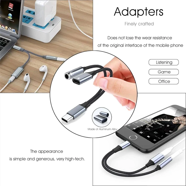 2-in-1 USB-C to 3.5mm Audio & Charging Adapter – Headphone Jack Splitter with Fast Charge Support