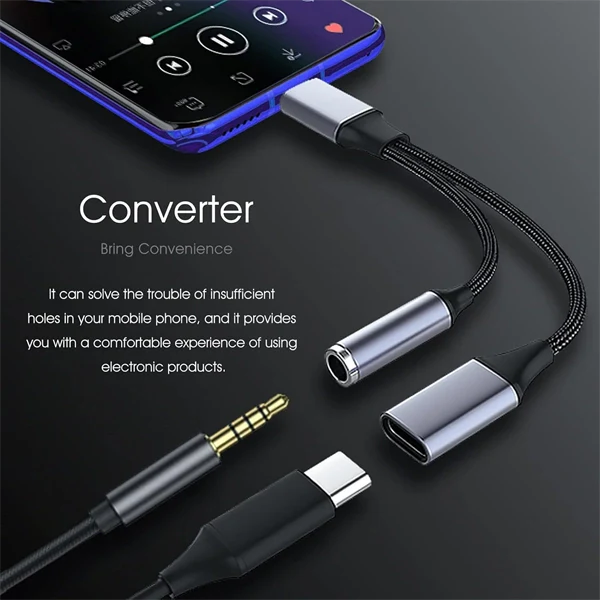 2-in-1 USB-C to 3.5mm Audio & Charging Adapter – Headphone Jack Splitter with Fast Charge Support