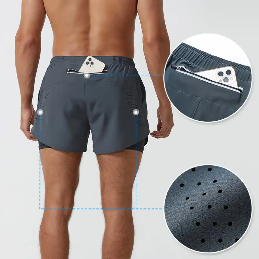 2-in-1 Double Layer Running Shorts - Quick-Dry, Elastic Waist, Multi-Pocket
