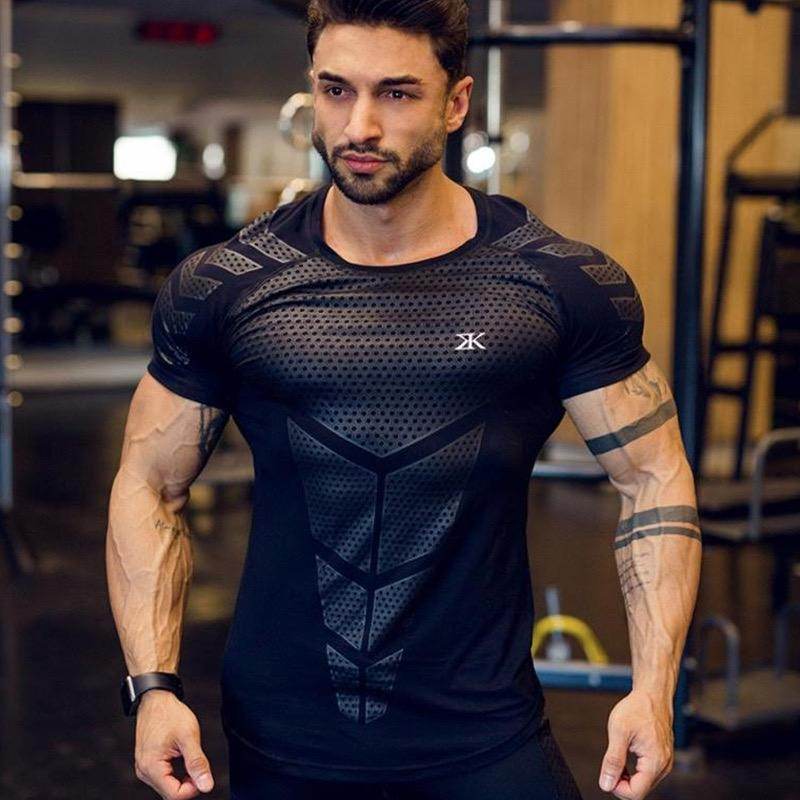 Compression Quick dry T-shirt Men Running Sport Skinny Short Tee Shirt Male Gym Fitness Bodybuilding Workout Tops Clothing