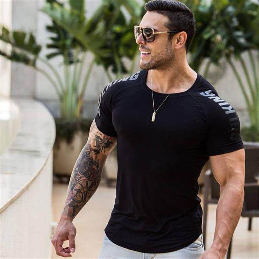 Compression Quick dry T-shirt Men Running Sport Skinny Short Tee Shirt Male Gym Fitness Bodybuilding Workout Tops Clothing