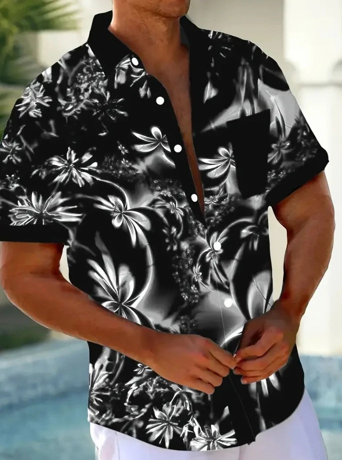 Men's Summer Hawaiian Gradient Art Floral Short Sleeve T-shirt with Pocket