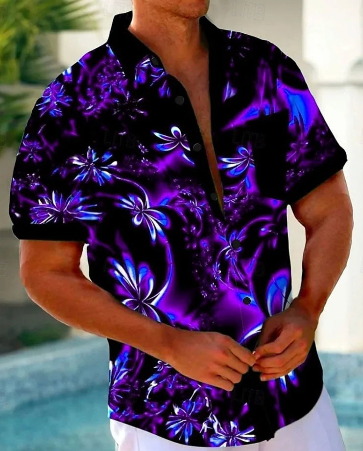 Men's Summer Hawaiian Gradient Art Floral Short Sleeve T-shirt with Pocket