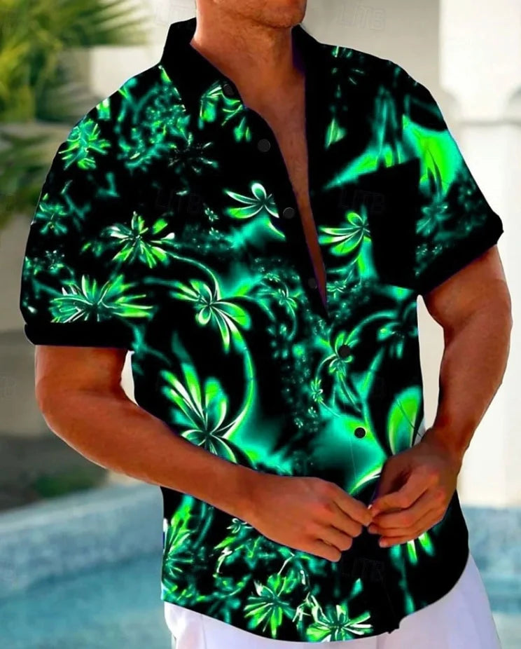 Men's Summer Hawaiian Gradient Art Floral Short Sleeve T-shirt with Pocket