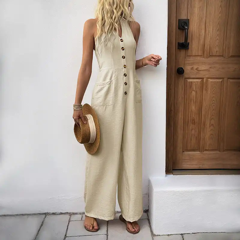 2025 Summer Simple Breathable Backless Button Jumpsuit