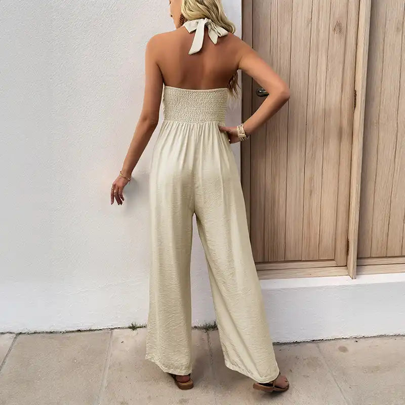 2025 Summer Simple Breathable Backless Button Jumpsuit