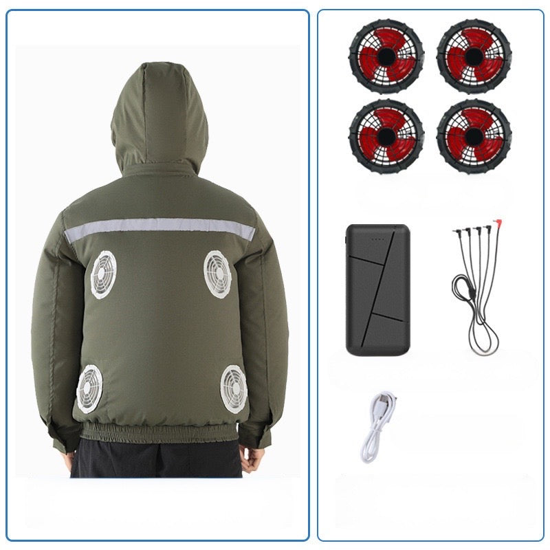New hooded, removable, outdoor cooling and sun protection clothes with fan