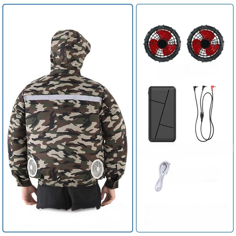 New hooded, removable, outdoor cooling and sun protection clothes with fan