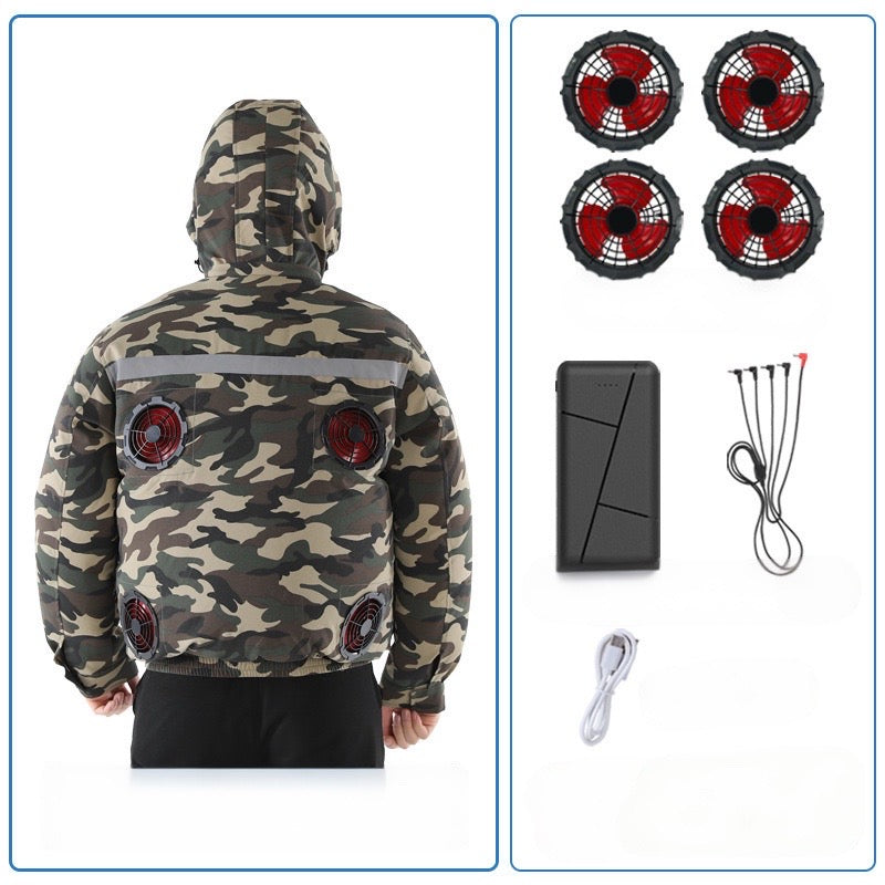 New hooded, removable, outdoor cooling and sun protection clothes with fan