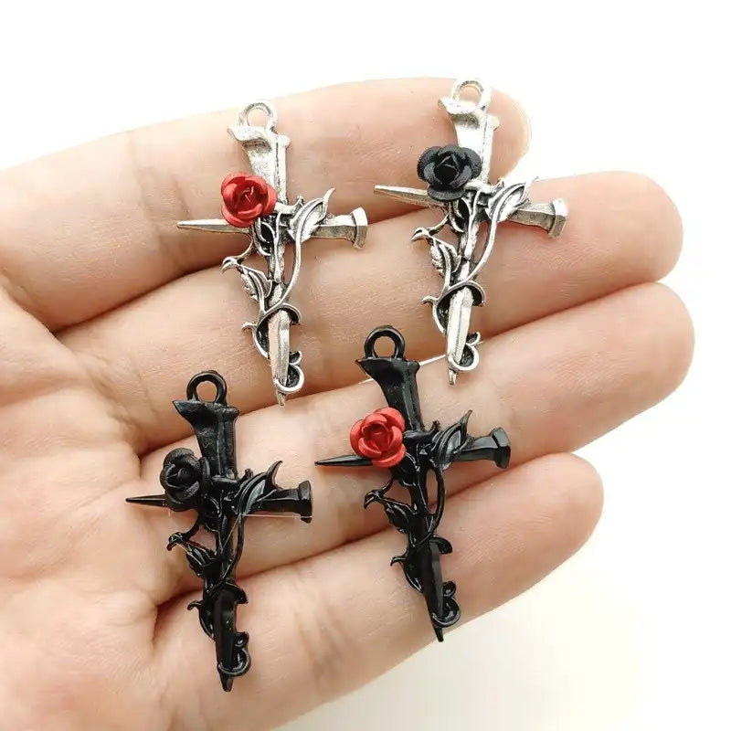 24pcs Gothic Rose Cross Pendants - Alloy Floral Charm for Necklace & Bracelet DIY