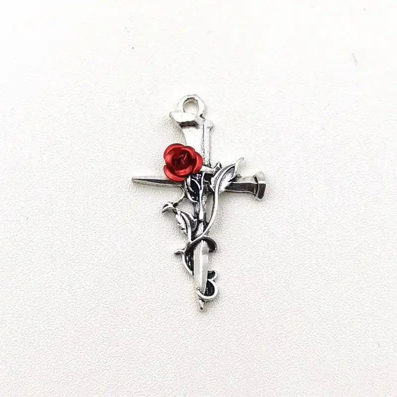 24pcs Gothic Rose Cross Pendants - Alloy Floral Charm for Necklace & Bracelet DIY