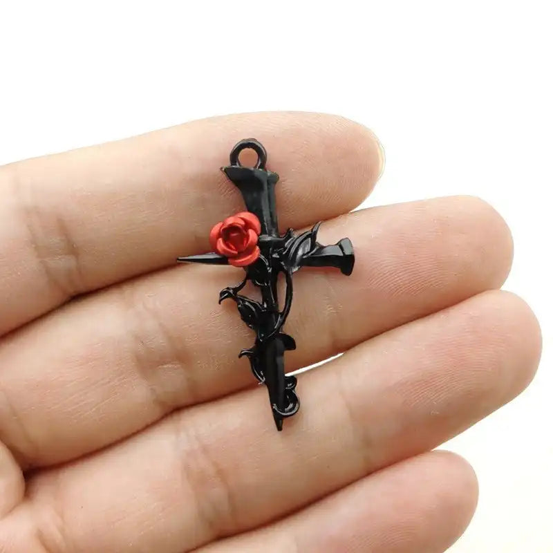 24pcs Gothic Rose Cross Pendants - Alloy Floral Charm for Necklace & Bracelet DIY