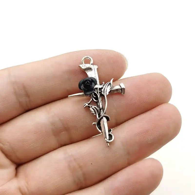 24pcs Gothic Rose Cross Pendants - Alloy Floral Charm for Necklace & Bracelet DIY
