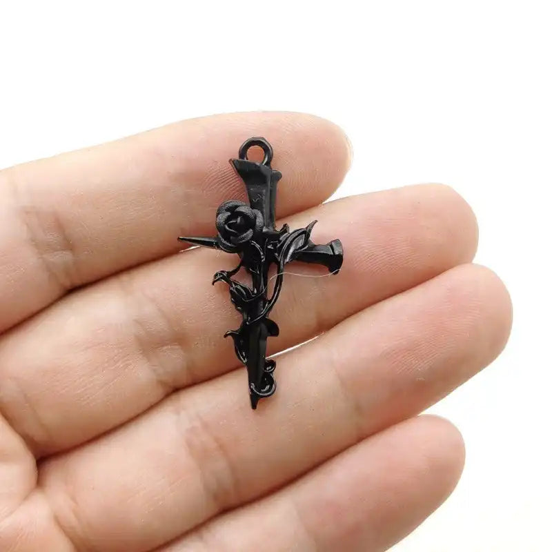 24pcs Gothic Rose Cross Pendants - Alloy Floral Charm for Necklace & Bracelet DIY