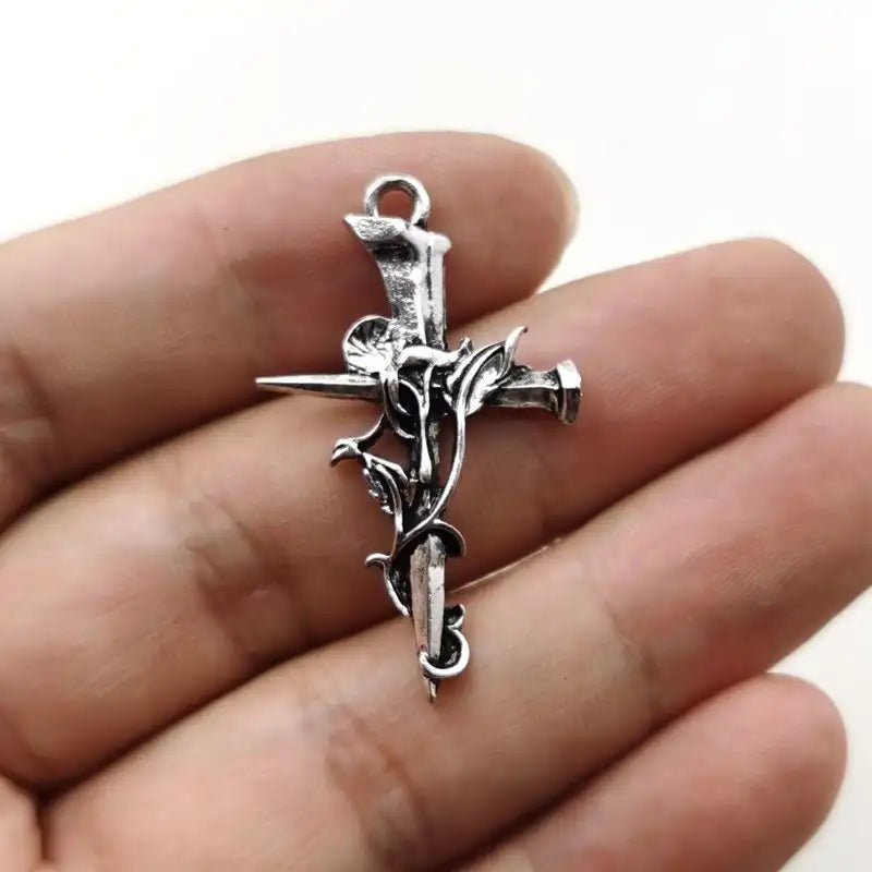 24pcs Gothic Rose Cross Pendants - Alloy Floral Charm for Necklace & Bracelet DIY