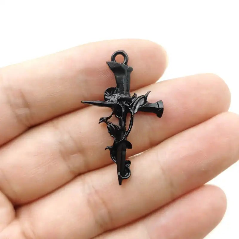 24pcs Gothic Rose Cross Pendants - Alloy Floral Charm for Necklace & Bracelet DIY