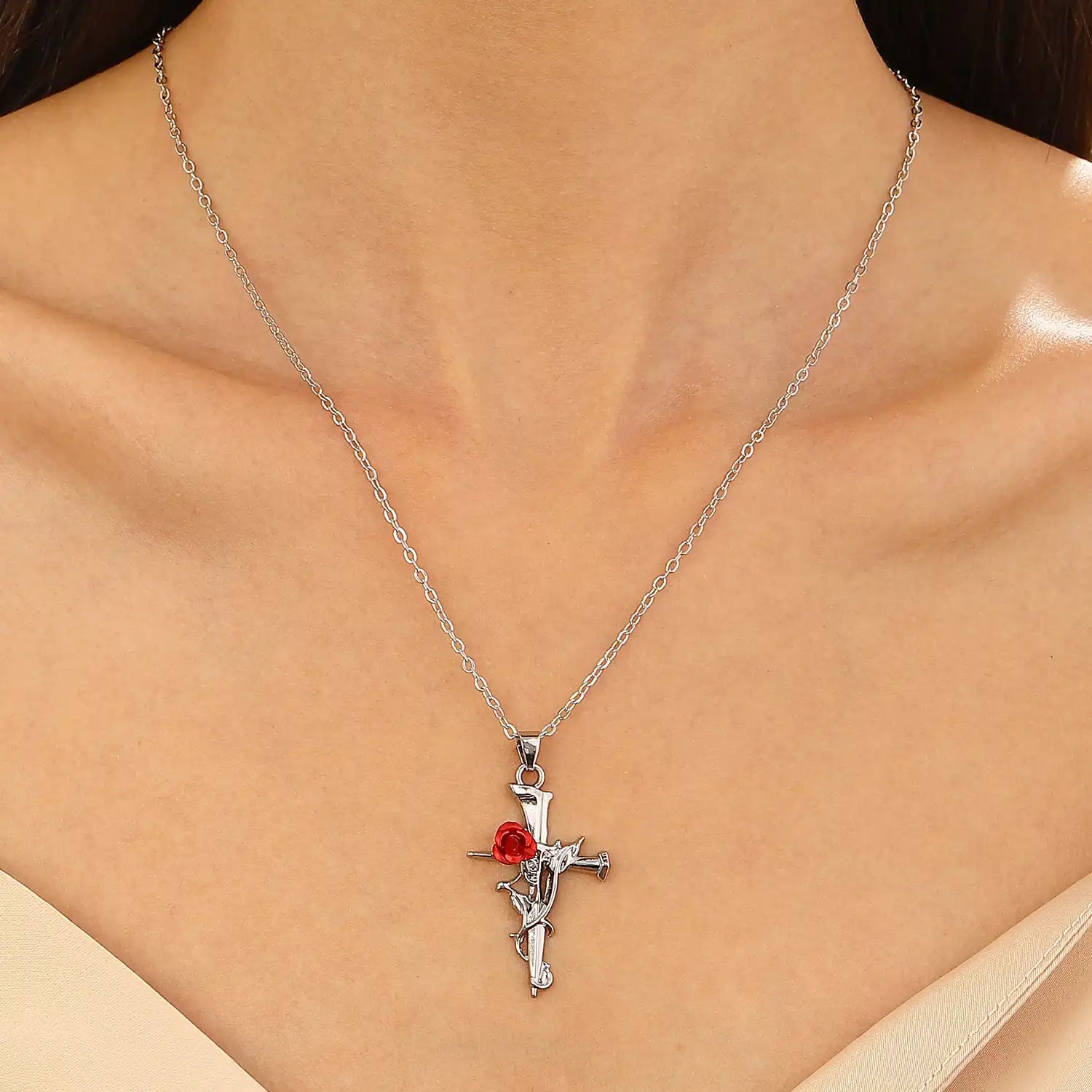 24pcs Gothic Rose Cross Pendants - Alloy Floral Charm for Necklace & Bracelet DIY