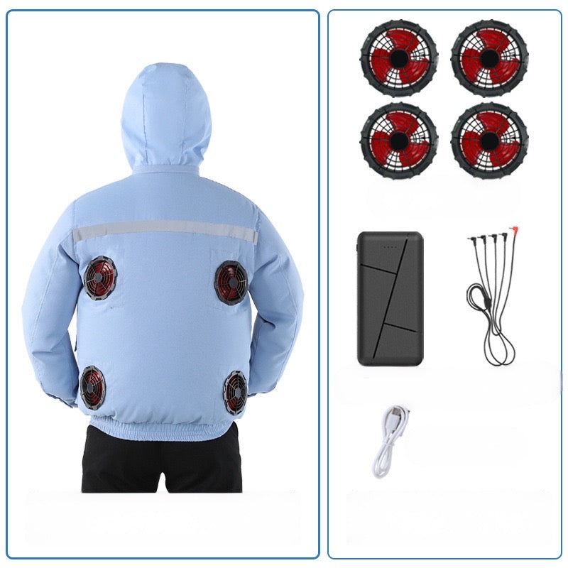 New hooded, removable, outdoor cooling and sun protection clothes with fan