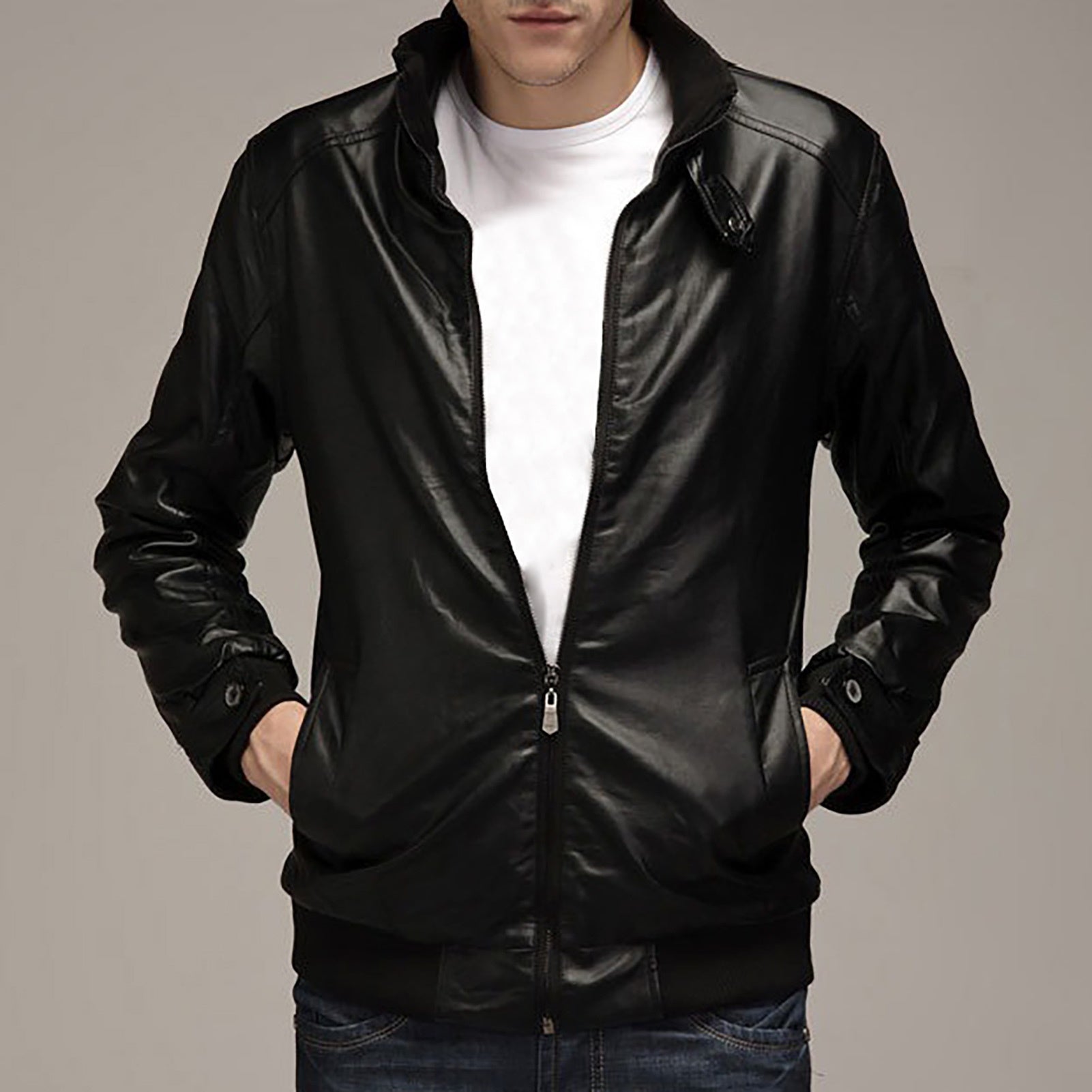 Artificial Leather Solid Color Motorcycle Jacket Zipper Closure Stand Collar Men's Coat