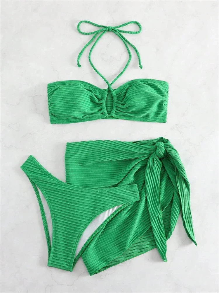3-Piece Solid Off-Shoulder Tie-Front Bikini Set - Sexy Beachwear
