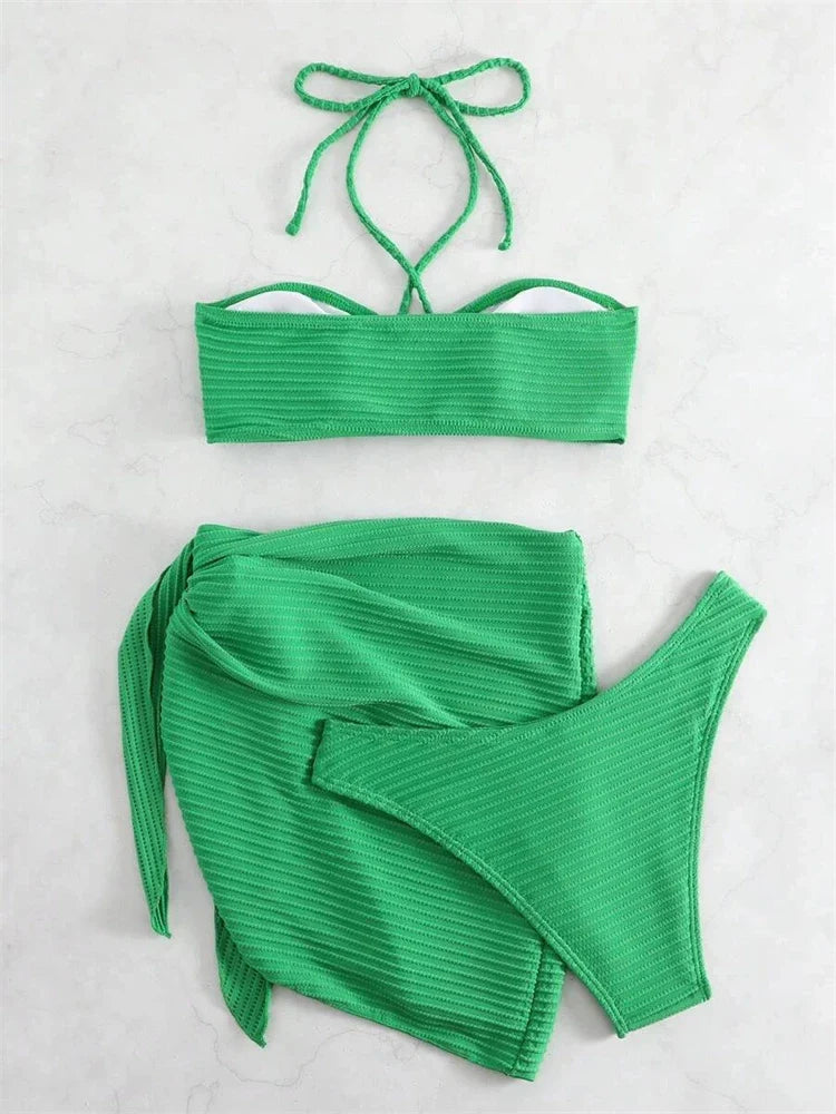 3-Piece Solid Off-Shoulder Tie-Front Bikini Set - Sexy Beachwear