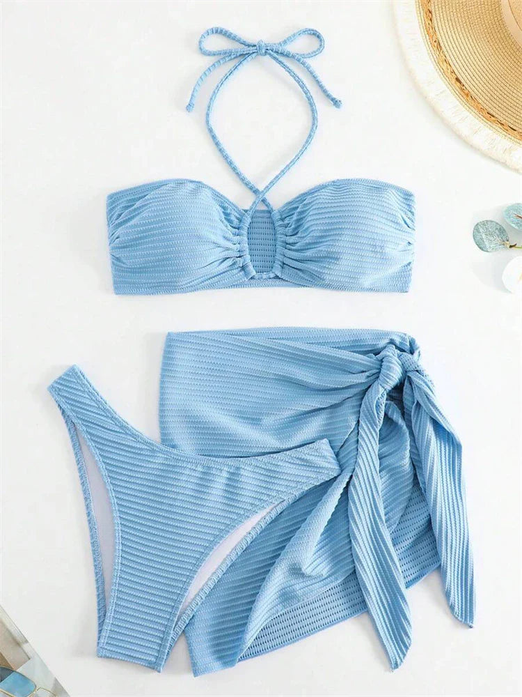3-Piece Solid Off-Shoulder Tie-Front Bikini Set - Sexy Beachwear